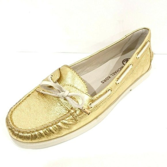 Michael Kors Blair Boat Shoe Loafer Gold Metallic 7 - Picture 1 of 4